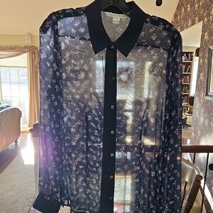 Diane Von Furstenberg Sheer Floral Button Down Shirt - Navy and White